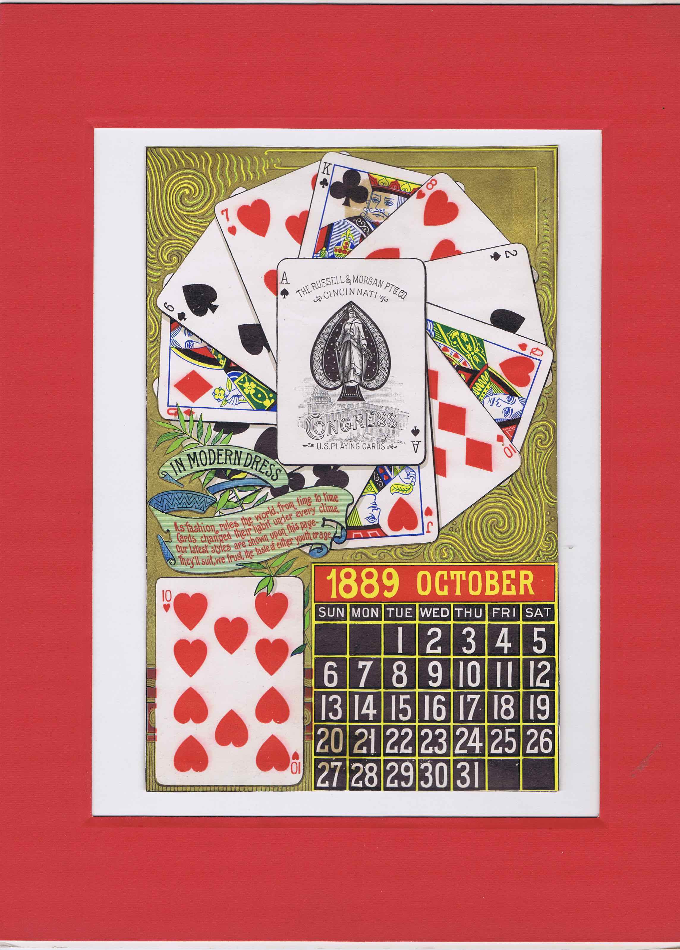 J383	RUSSELL & MORGAN PRINTING, CINCINNATI, OHIO 1889 OCTOBER CALENDAR SHEET WITH GAMBLING THEME
