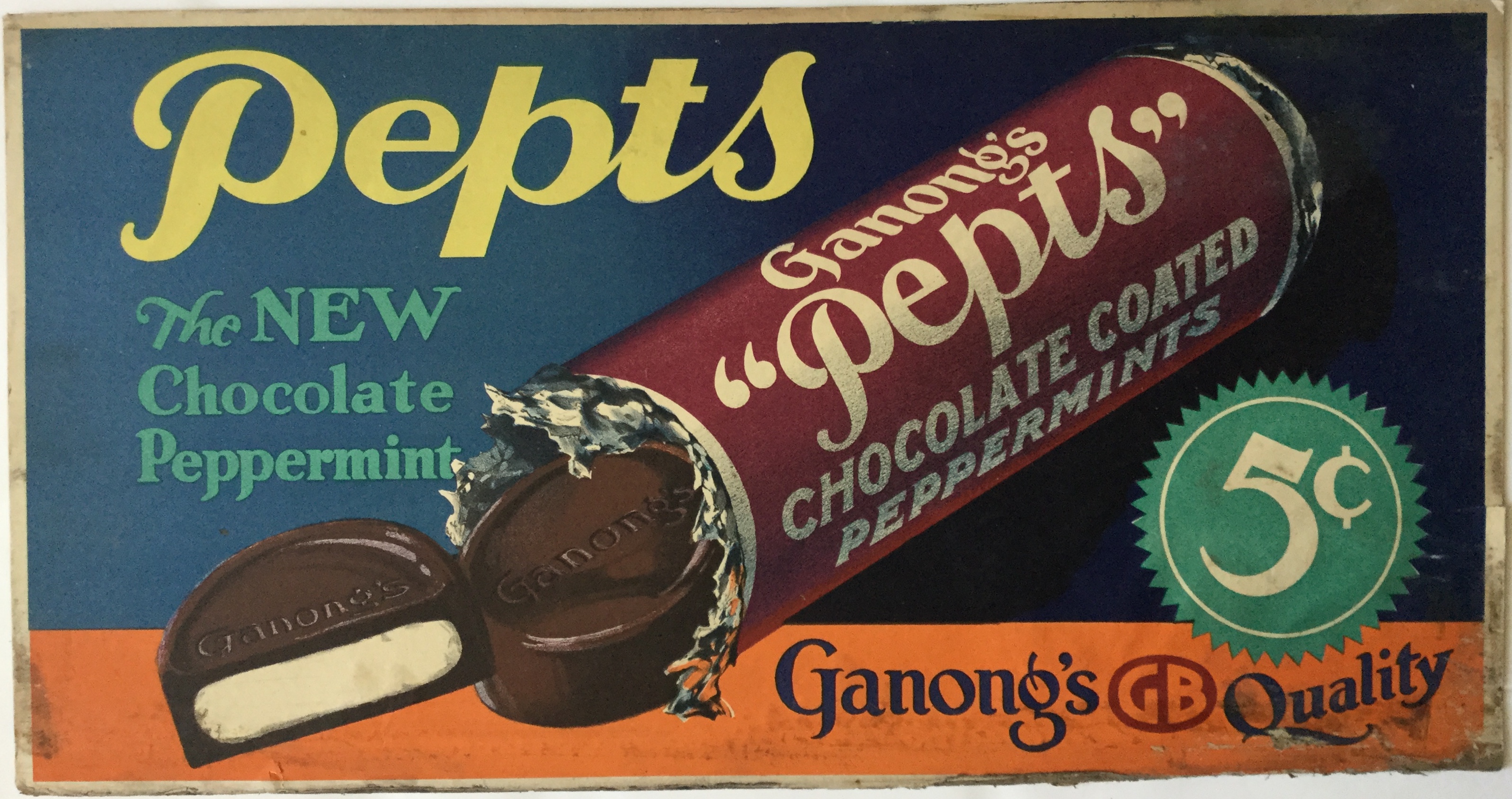 J398	PEPTS CHOCOLATE COATED PEPPERMINTS - 5 CENTS GANONG’S QUALITY