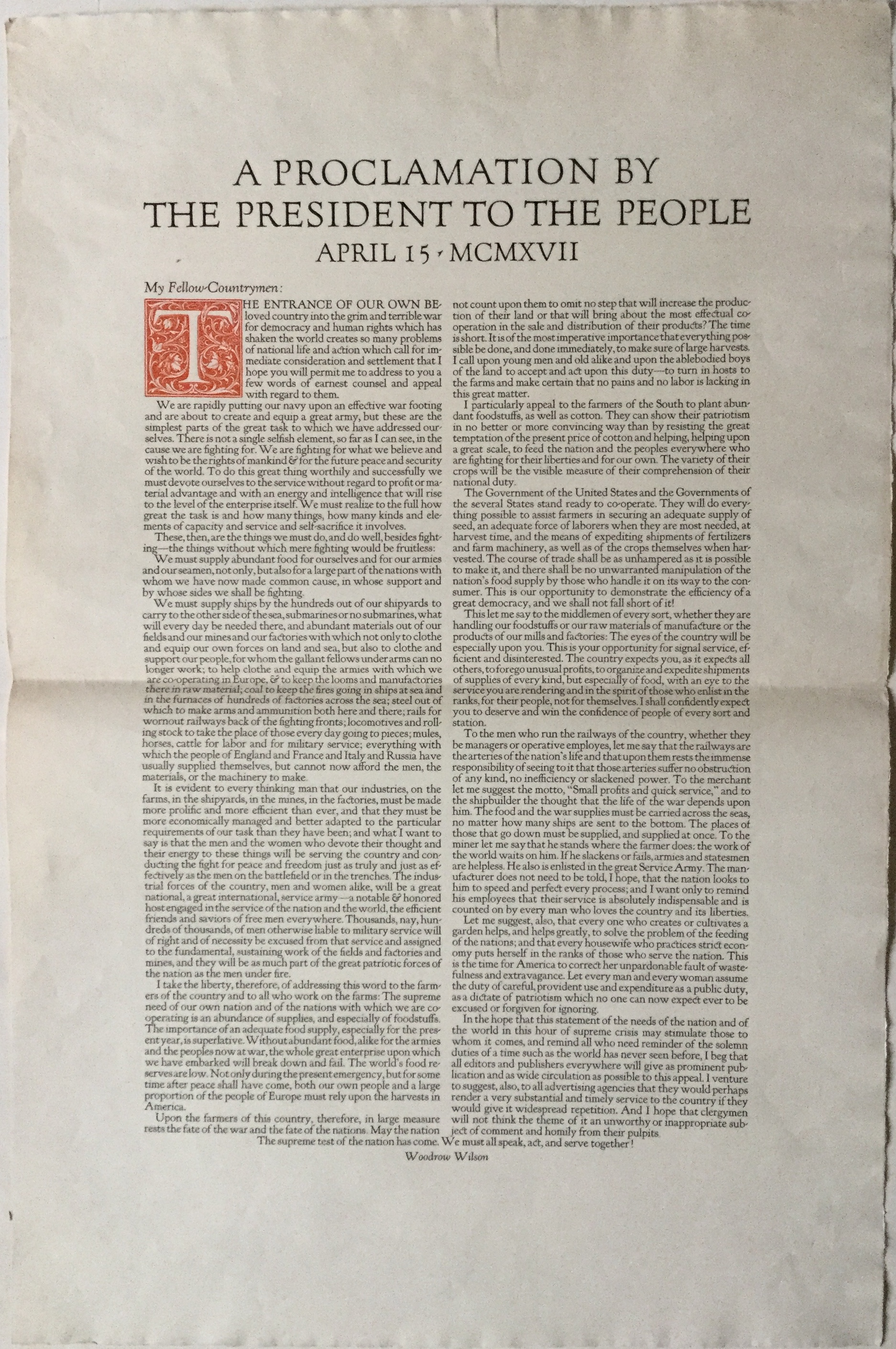 J406	A PROCLAMATION BY THE PRESIDENT TO THE PEOPLE APRIL 15, 1917