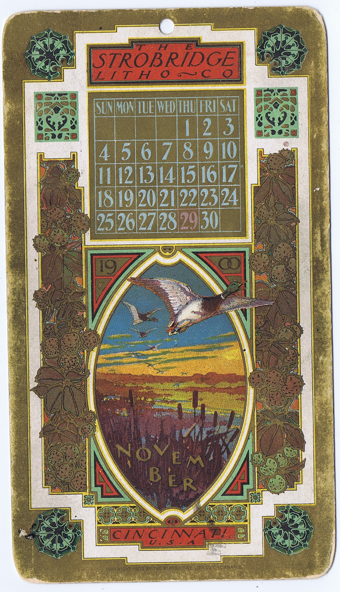 J458	STROBRIDGE CALENDAR CARD NOVEMBER 1900