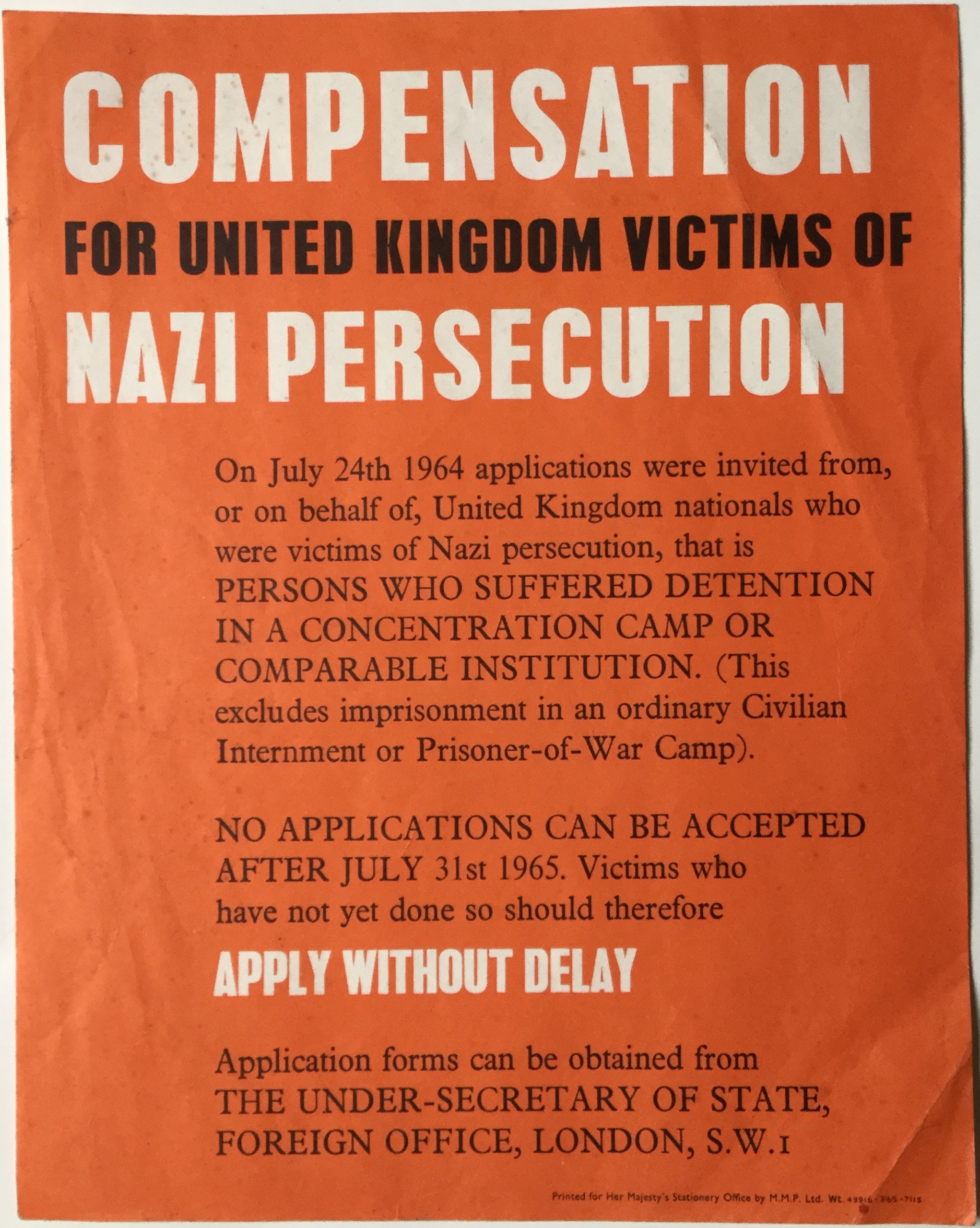 J483	COMPENSATION FOR THE UNITED KINGDOM VICTIMS OF NAZI PERSECUTION - APPLY WITHOUT DELAY