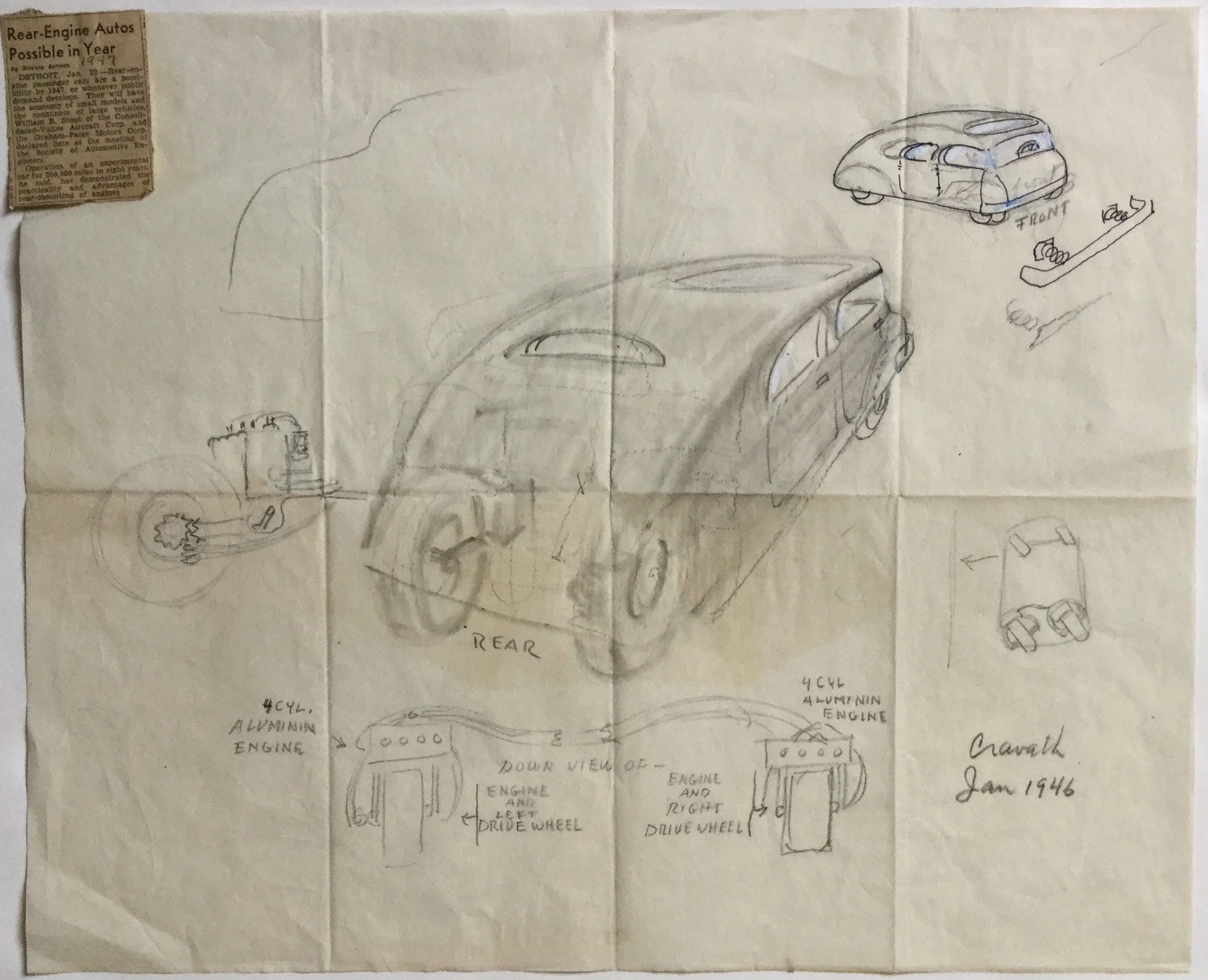 J501	INNOVATIVE SKETCH FOR A REAR-ENGINED AUTOMOBILE, 1942