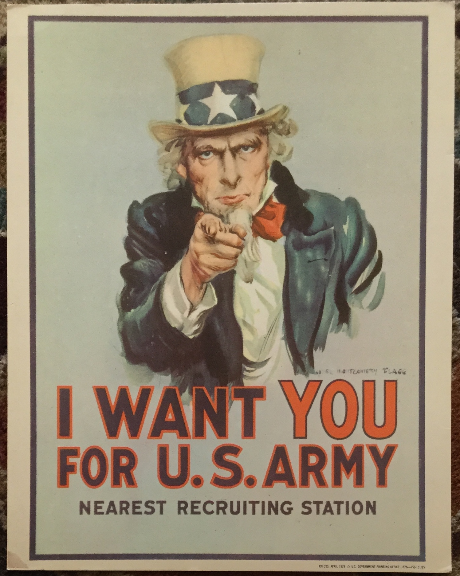 J549	I WANT YOU FOR THE U.S. ARMY JAMES MONTGOMMERY FLAGG PLACARD 1978 RECRUITING STATION POSTER