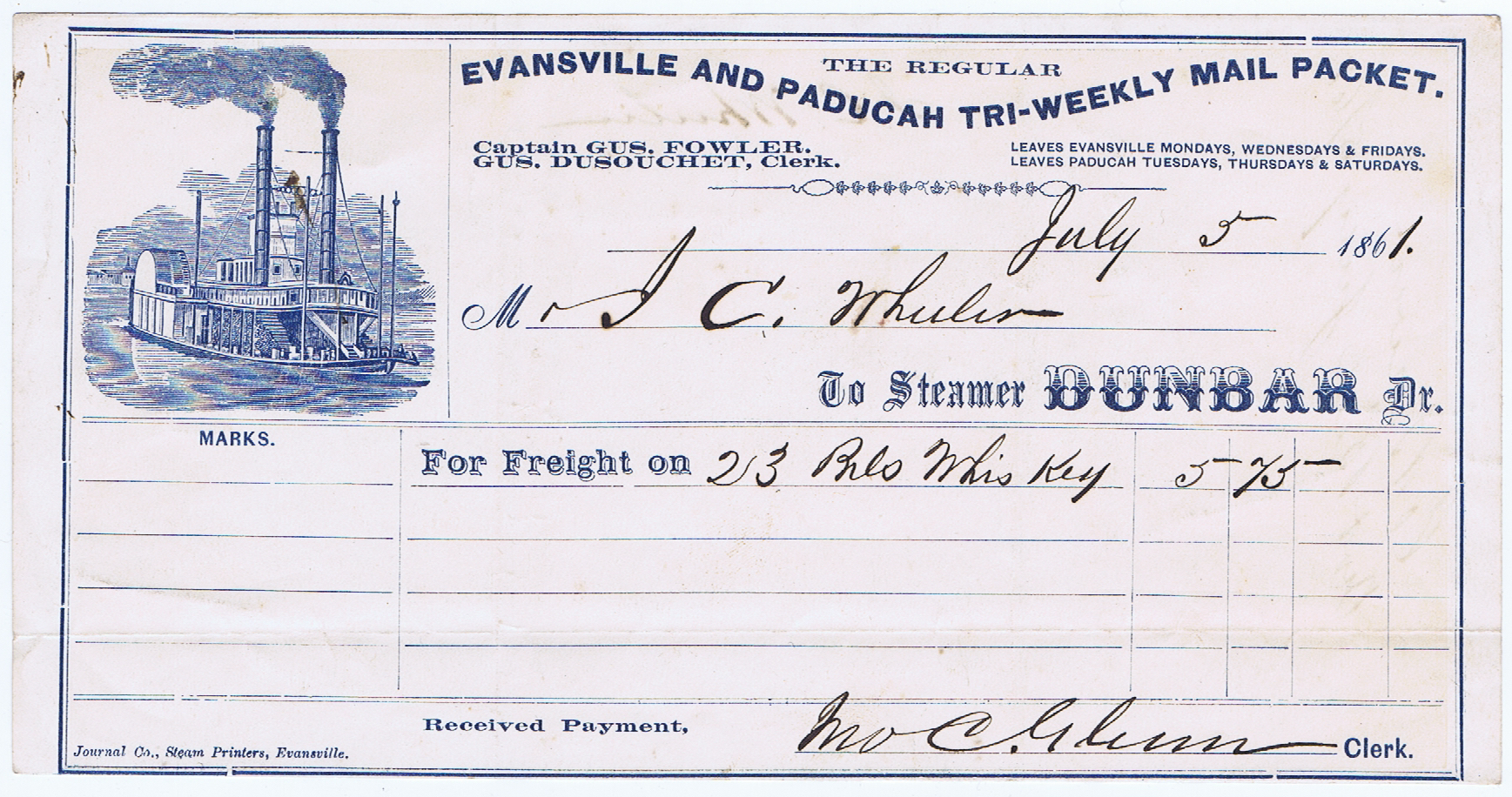 J726	EVANSVILLE AND PADUCAH TRI-WEEKLY MAIL PACKET INVOICE