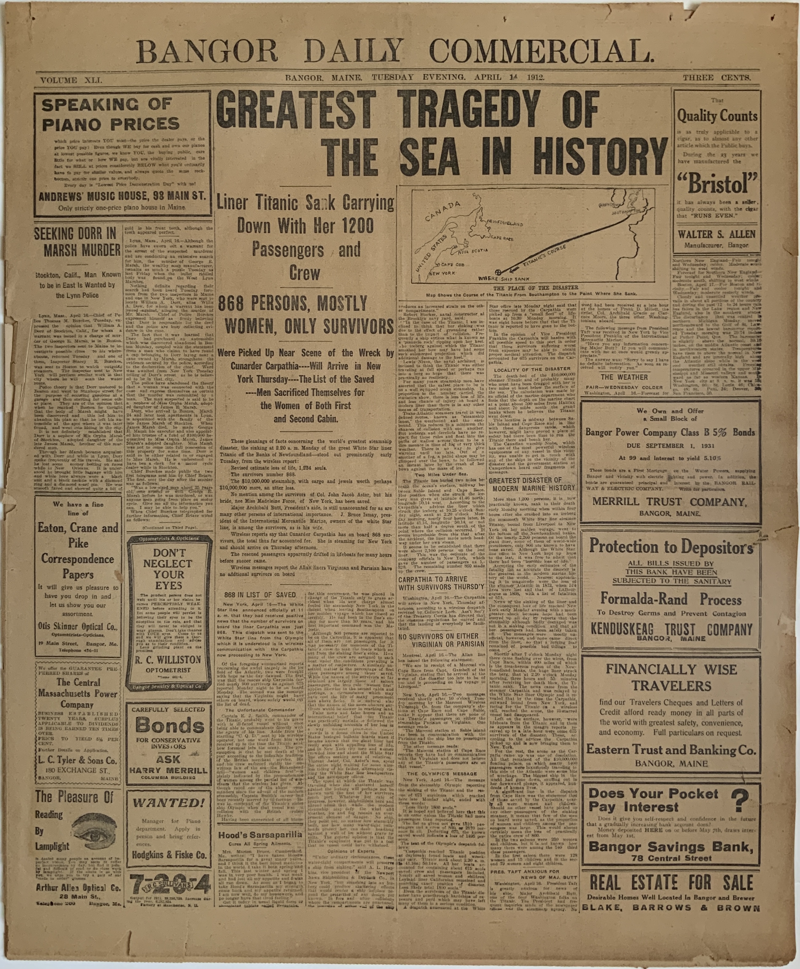 M38	TITANIC NEWS FRONT - BANGOR DAILY COMMERCIAL APRIL 14, 1912 “GREATEST TRAGEDY OF THE SEA IN HISTORY”