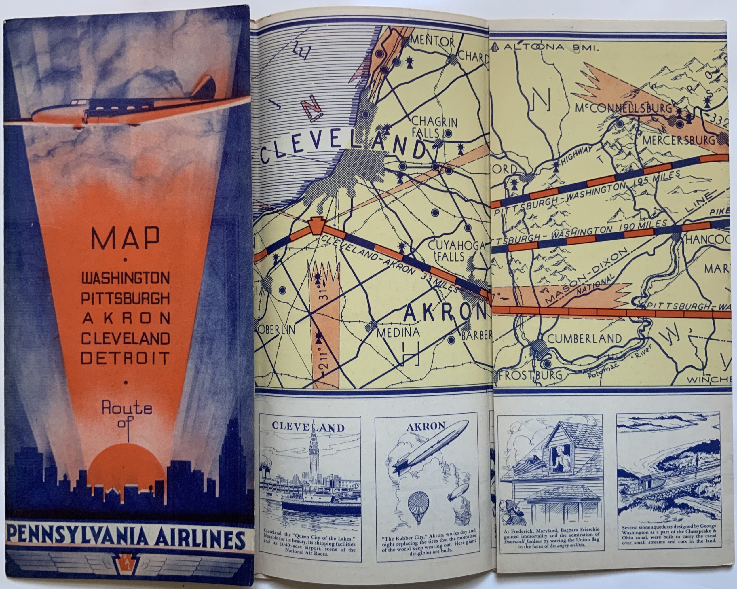 M213	MID-ATLANTIC AIRWAYS CA. 1935 EARLY AIRLINE, EXCEPTIONAL MAP