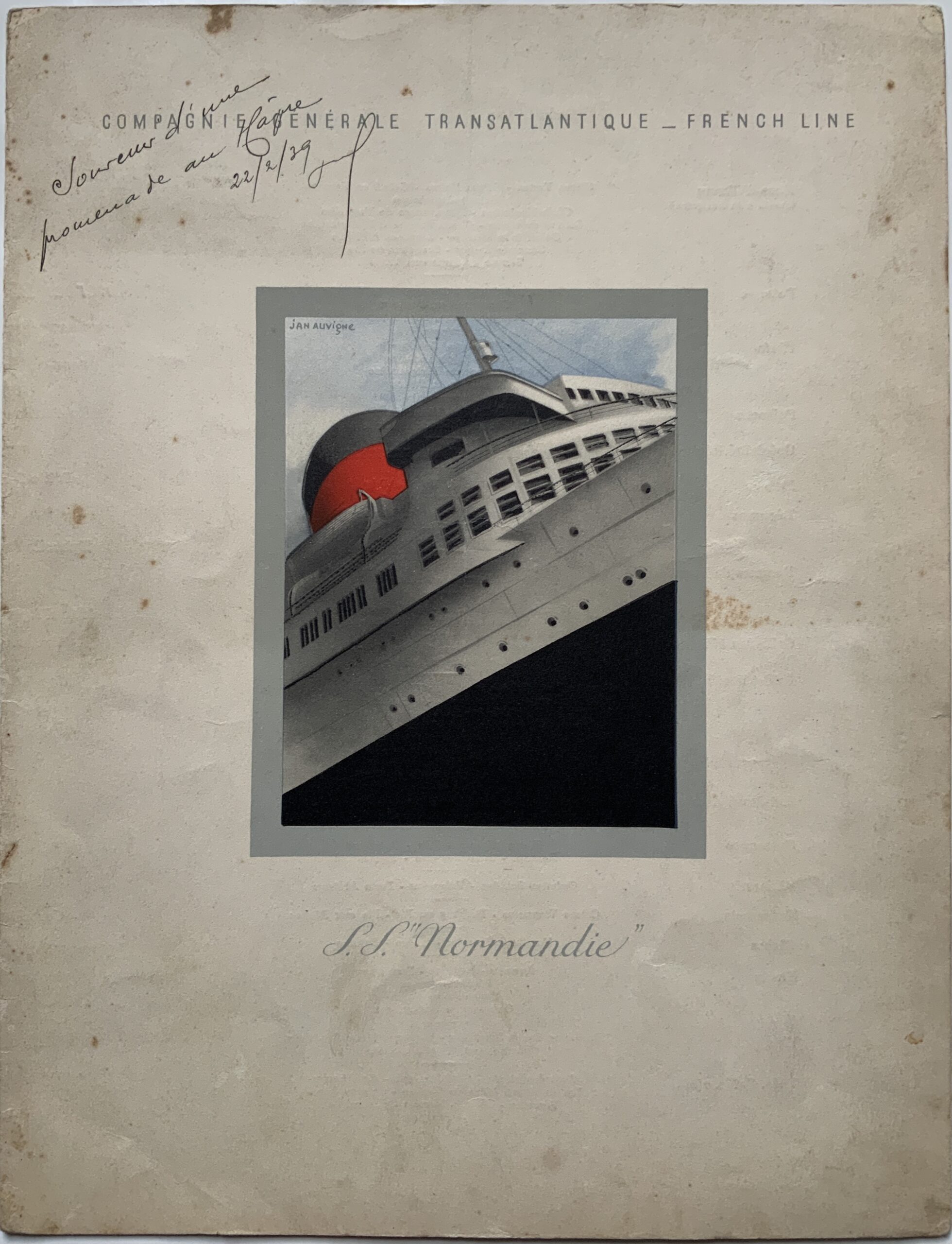 M268	S.S. NORMANDIE DELUXE MENU SIGNED AND ASCRIBED BY RENE LASSERRE, THE FATHER OF MODERN FRENCH GASTRONOMY AND THE MOST SIGNIFICANT CHEF OF THE 20TH CENTURY