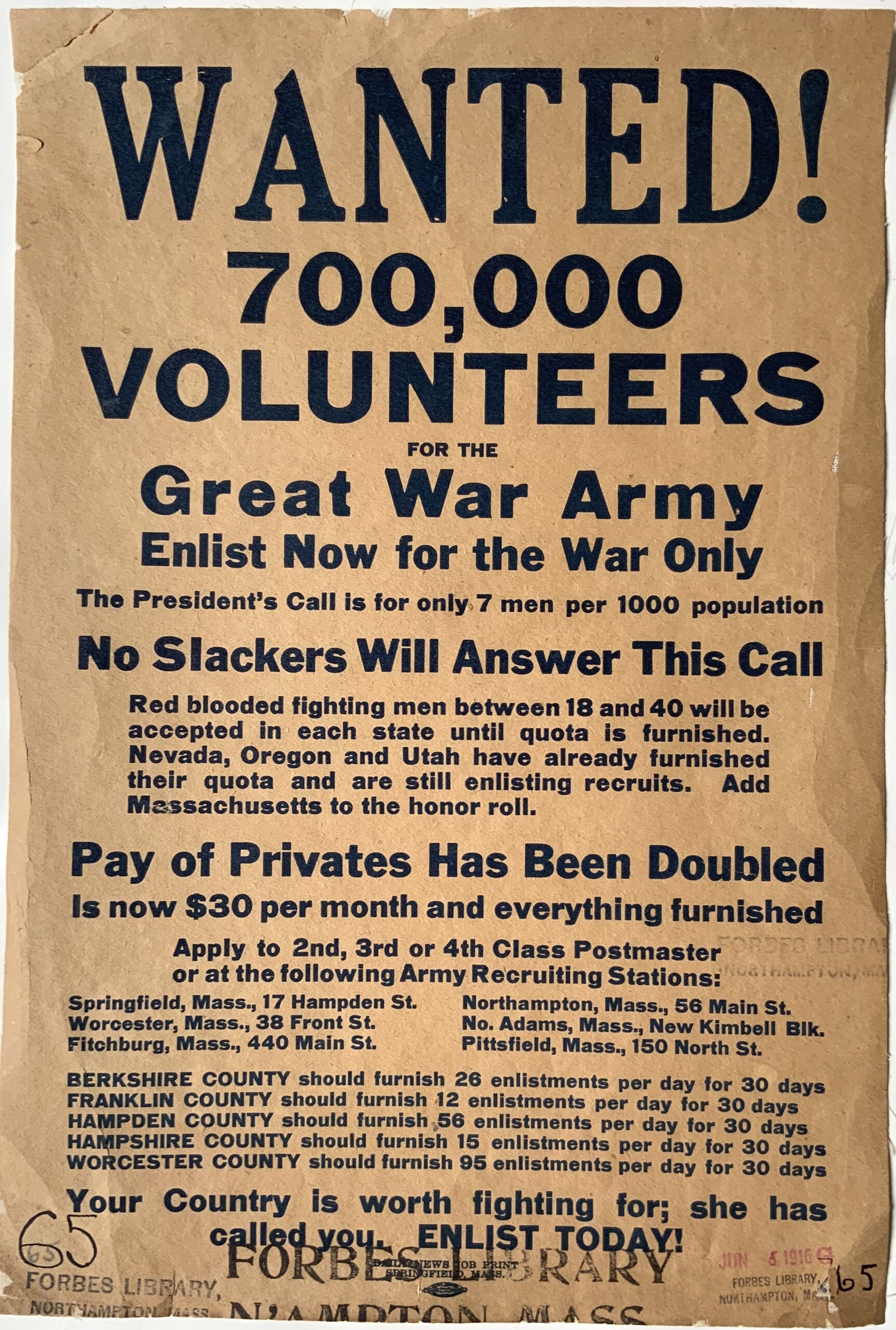 M396	WANTED! 700,000 VOLUNTEERS FOR THE GREAT WAR ARMY