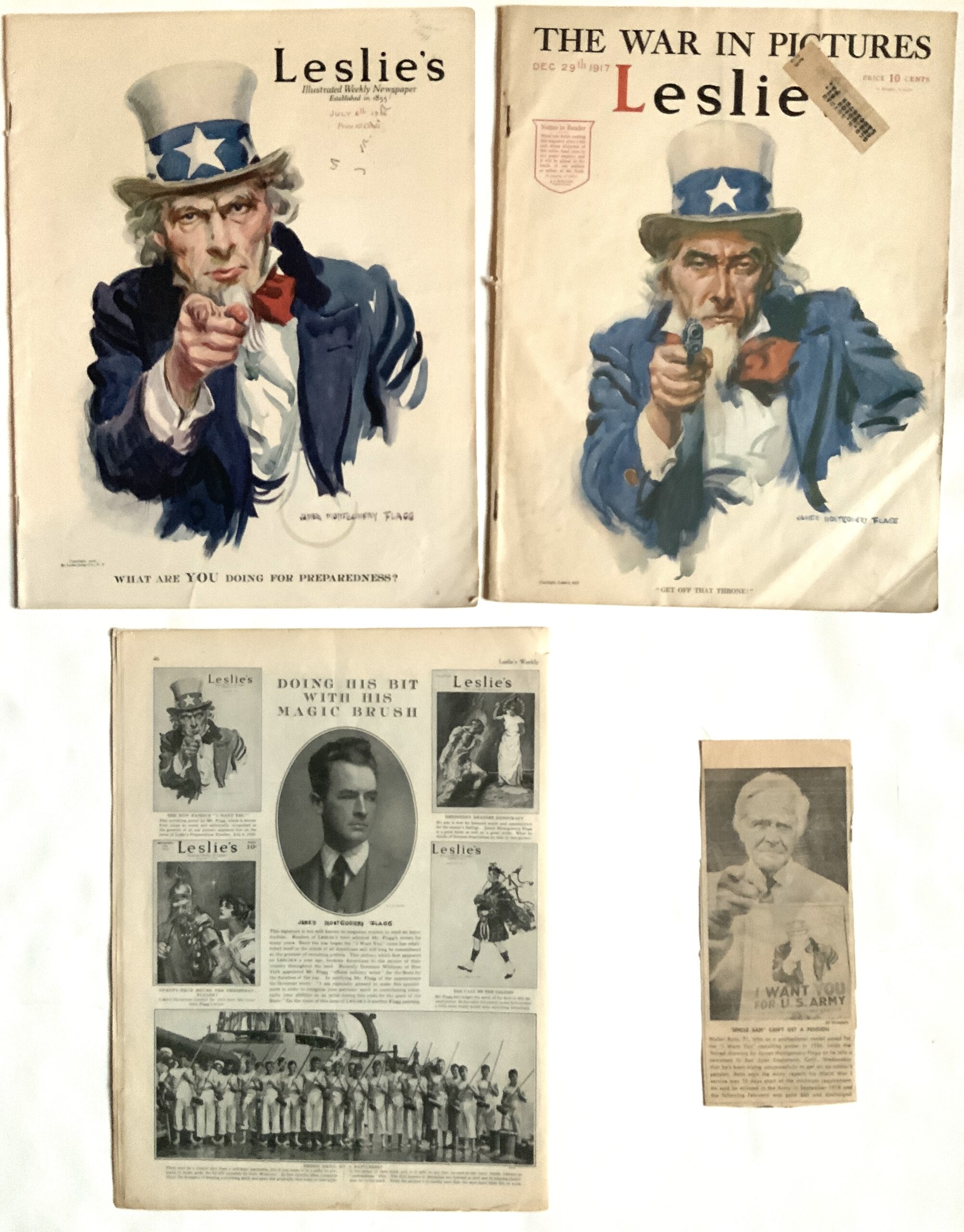 M484	LOT OF FOUR: 2 DIFFERENT COPIES OF LESLIE’S WEEKLY FEATURING THE FAMOUS JAMES MONTGOMMERY FLAGG WWI IMAGE OF UNCLE SAM AND EPHEMERA